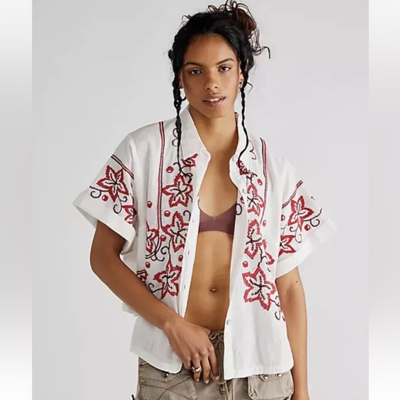 Free People Tops - Free People We the Free Wildflower Embroidered Top Cuffed Sleeve Button Down Top